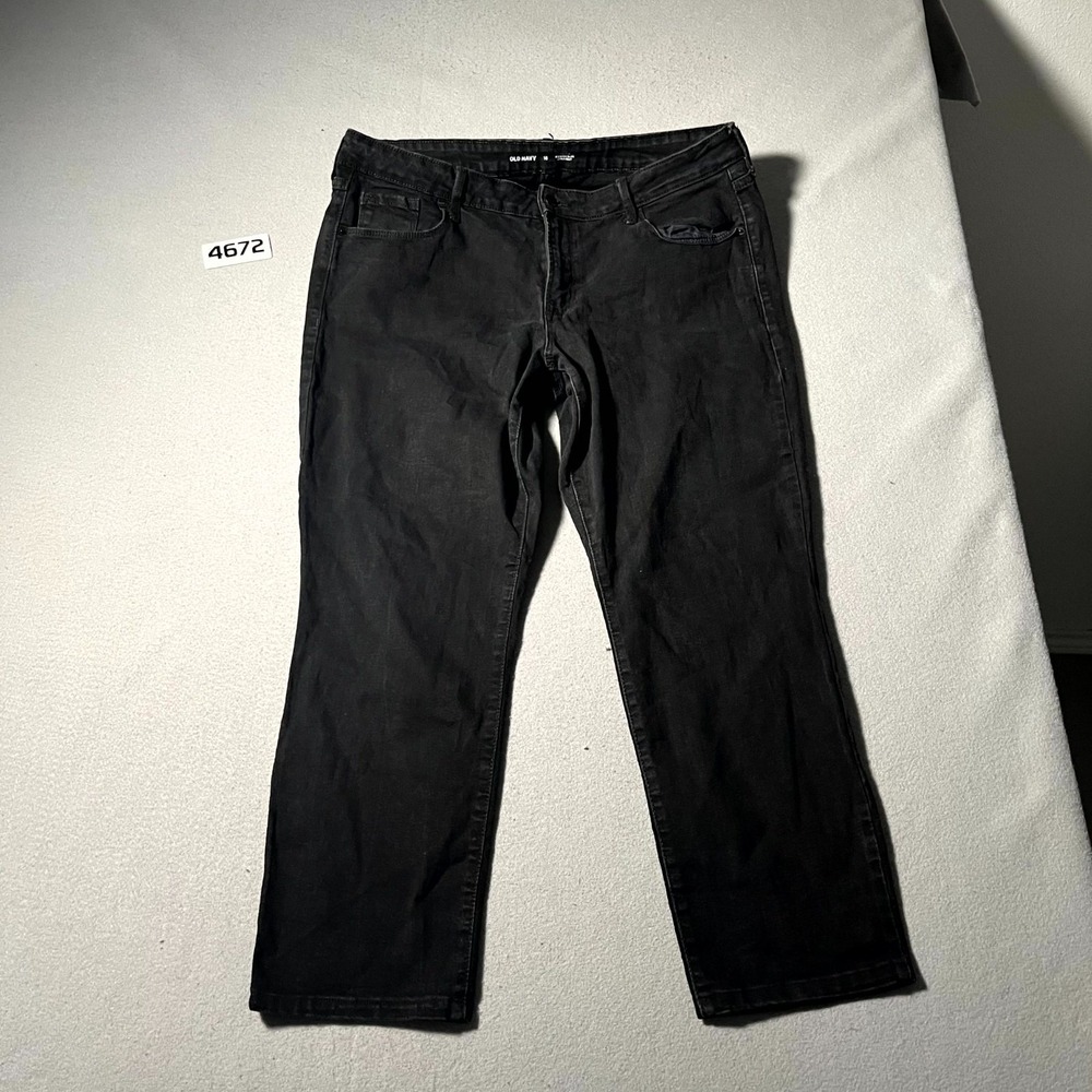 Old Navy Jeans Womens 16 Black Denim Dark Wash Mid Rise Power Slim Straight‎ Leg